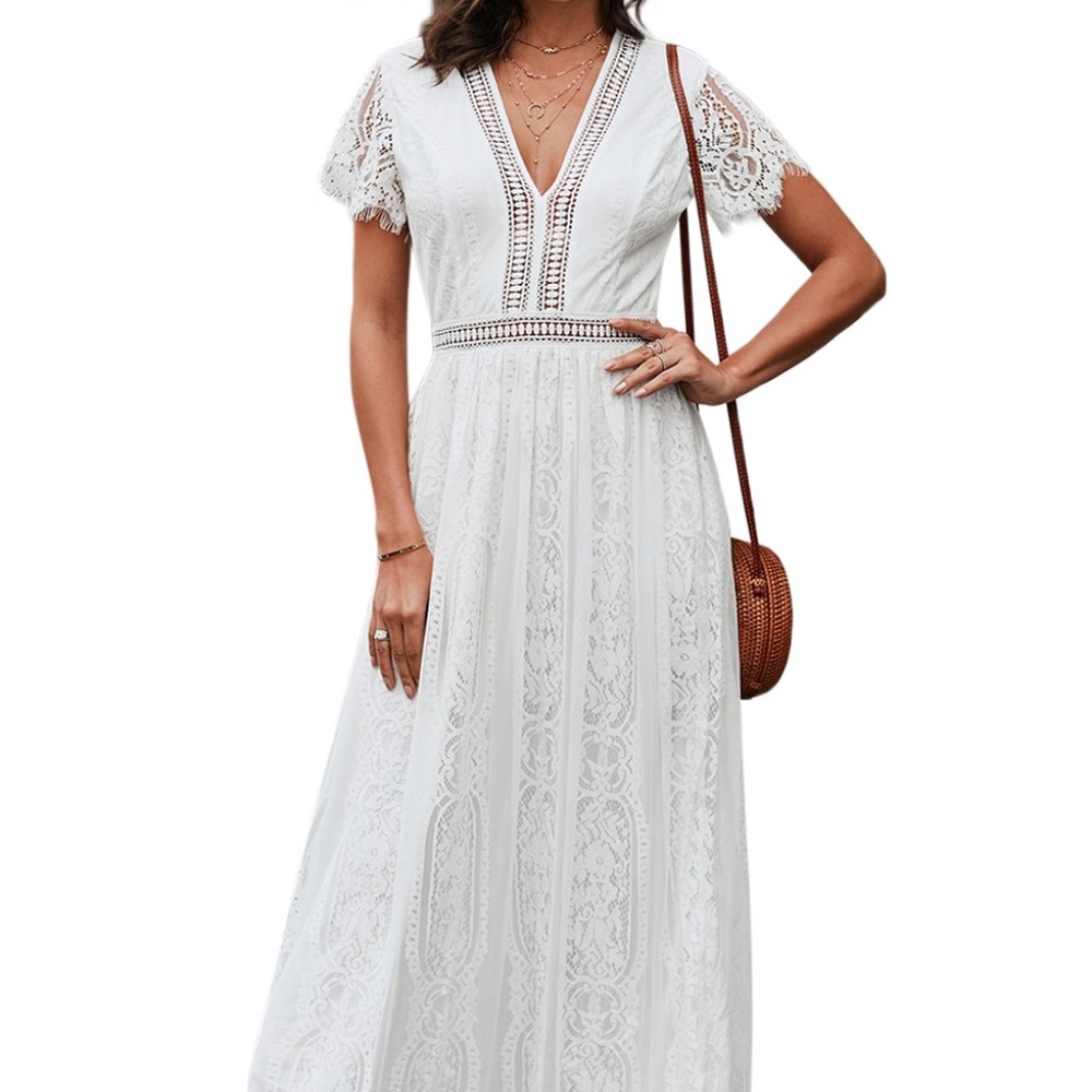 White Lace Maxi Dress with Crochet Trim - Brand